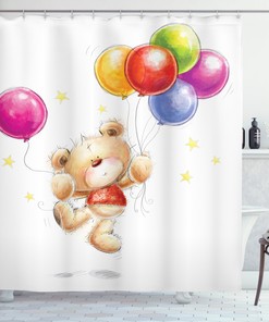 Teddy Bear With Balloon Print Colorful Shower Curtain For Kids' Bathroom Decor