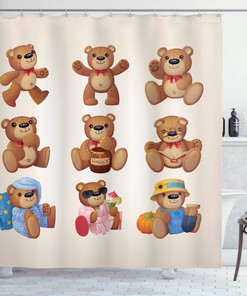 Teddy Bears With Different Faces Nostalgic Cartoon Shower Curtain - Cloth Fabric Bathroom Decors