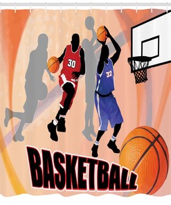 Teen Boys Striped Shower Curtain with Baseball, Basketball, and Football Print for Sporty Bathroom Decor