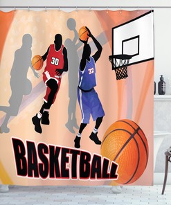 Teen Boys Striped Shower Curtain with Baseball, Basketball, and Football Print for Sporty Bathroom Decor