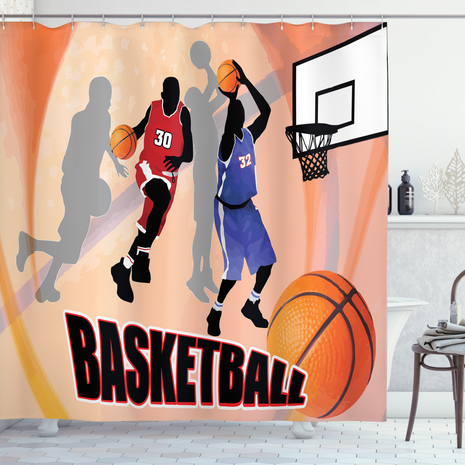 Teen Boys Striped Shower Curtain with Baseball, Basketball, and Football Print for Sporty Bathroom Decor