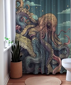 Tentacled Torment Octopus Sea Creature Shower Curtain, Underwater Bathroom Decor