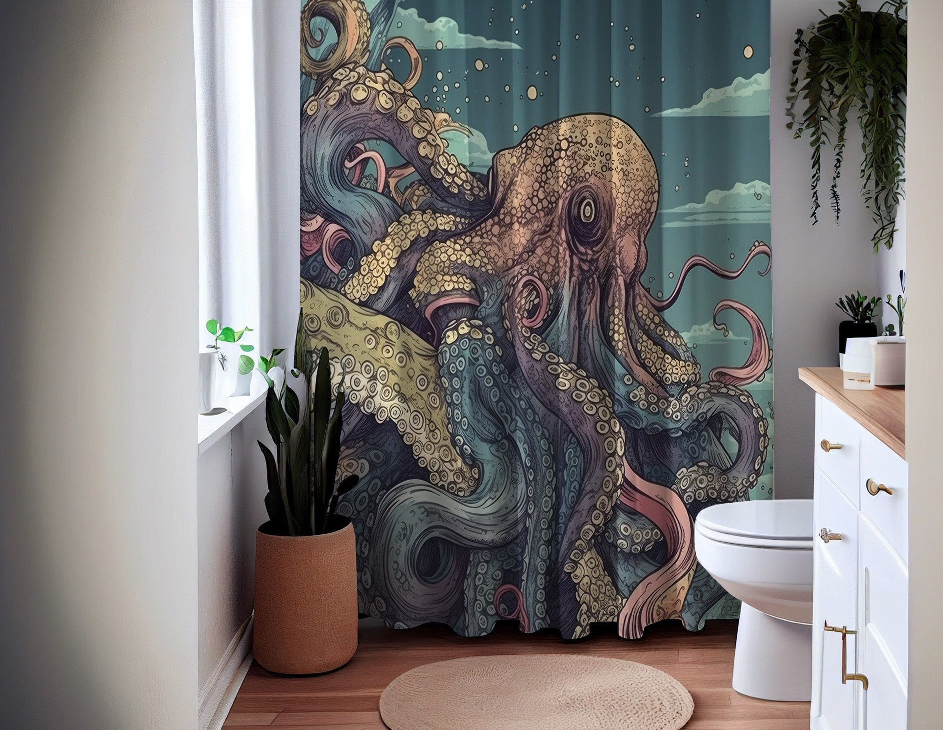 Tentacled Torment Octopus Sea Creature Shower Curtain, Underwater Bathroom Decor