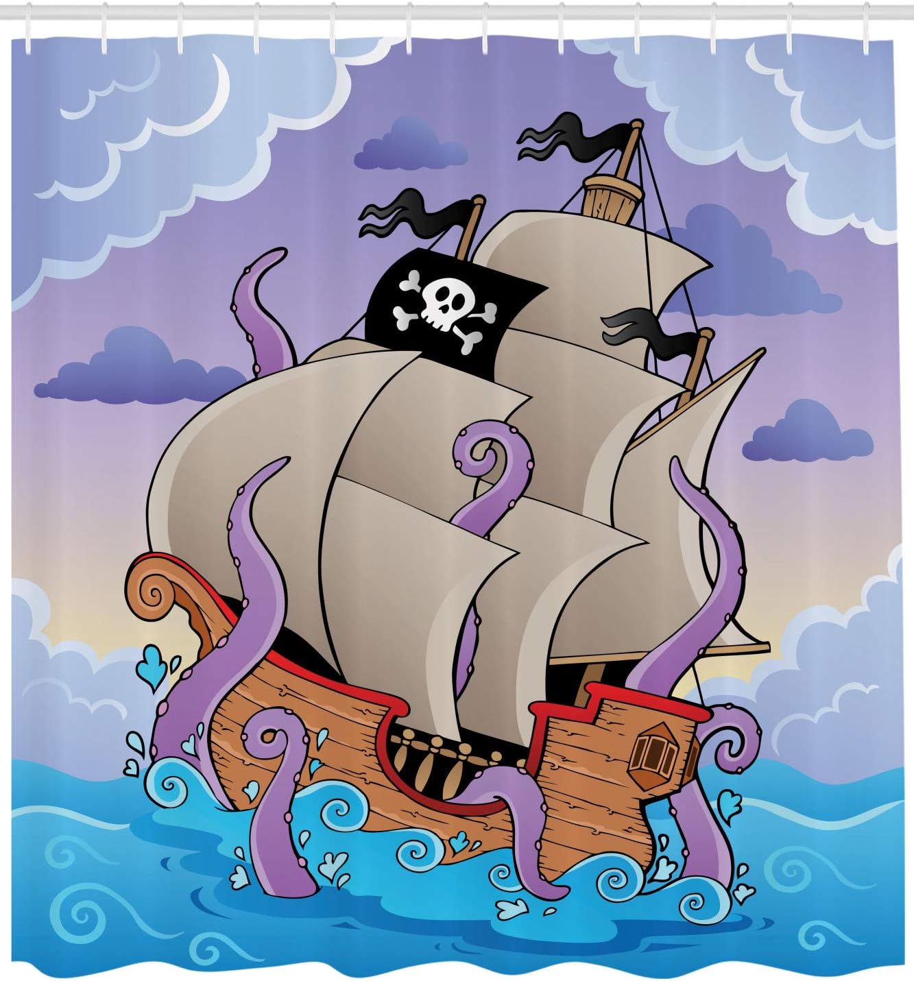 Tentacles Octopus Shower Curtain, Pirate Ship Skull Flag Graphic Print, Cloth Bathroom Decor - Image 2