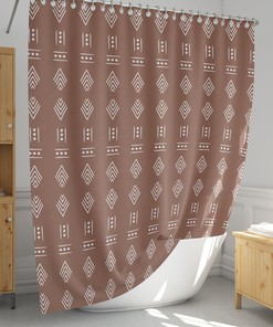 Terracotta Shower Curtain with African pattern and Tribal Ethnic Bath Curtain for Geo Shower Decoration