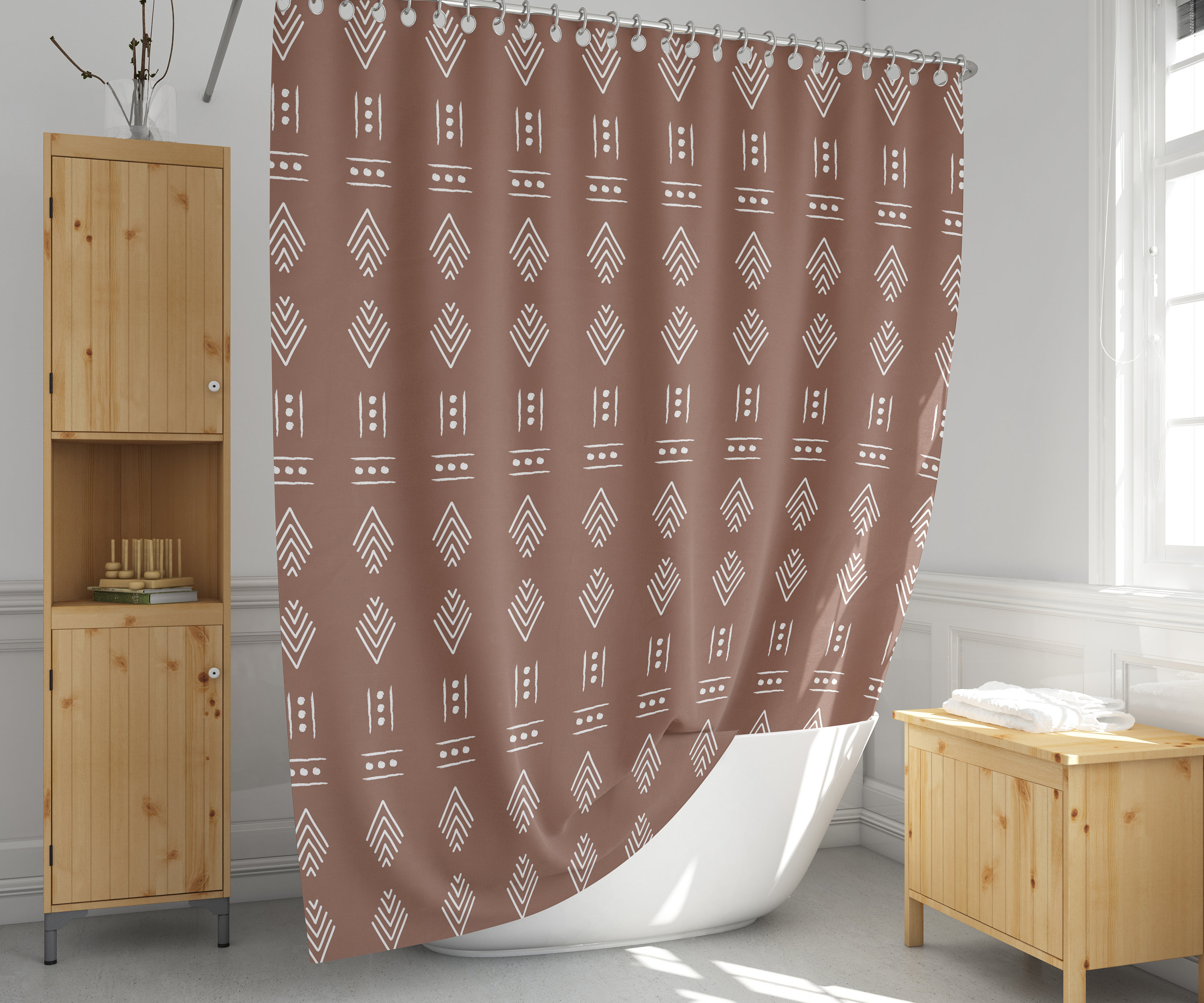 Terracotta Shower Curtain with African pattern and Tribal Ethnic Bath Curtain for Geo Shower Decoration