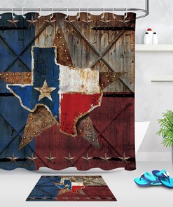Texas Flag Star Wood Barn Door Print Shower Curtain For Rustic Bathroom Decor
