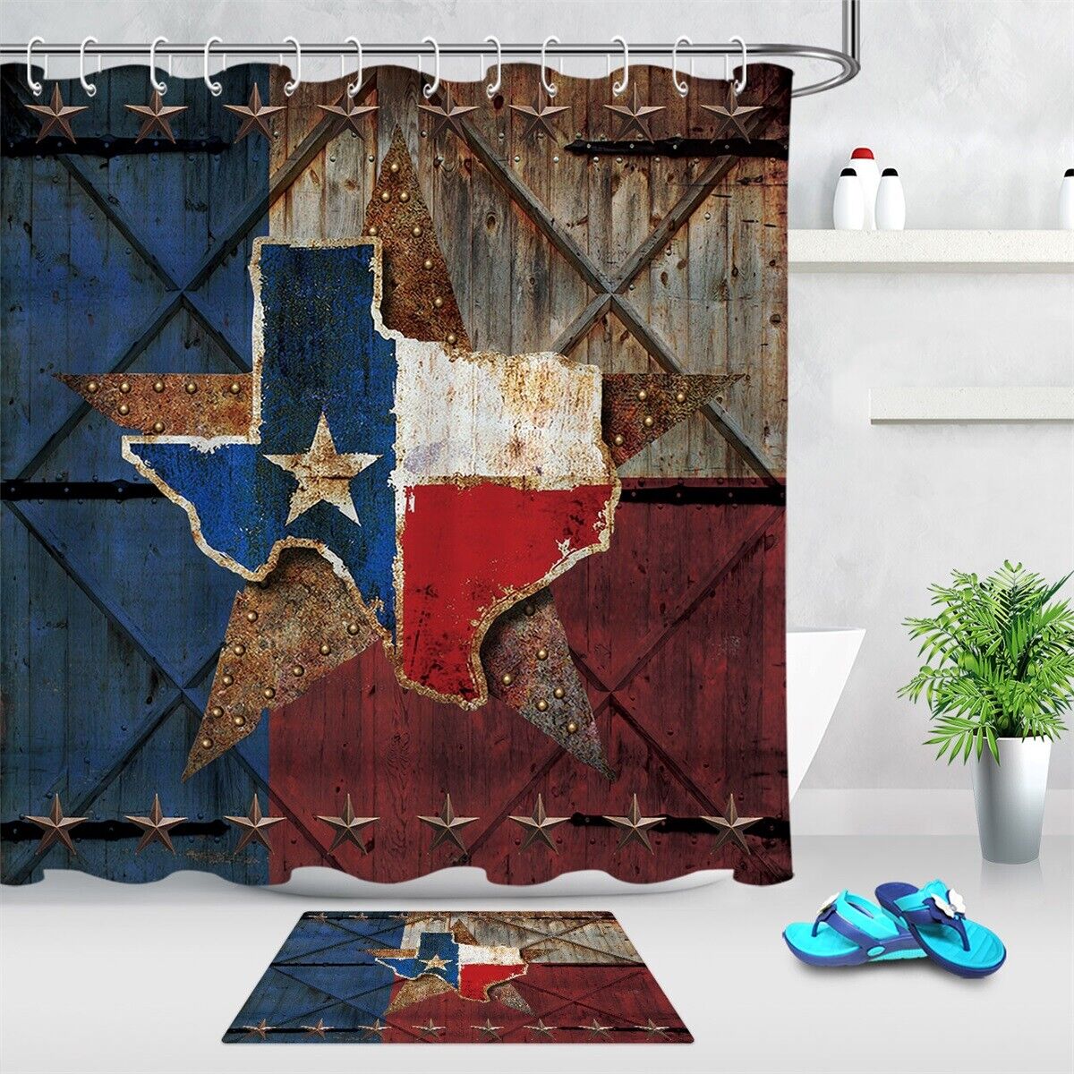 Texas Flag Star Wood Barn Door Print Shower Curtain For Rustic Bathroom Decor