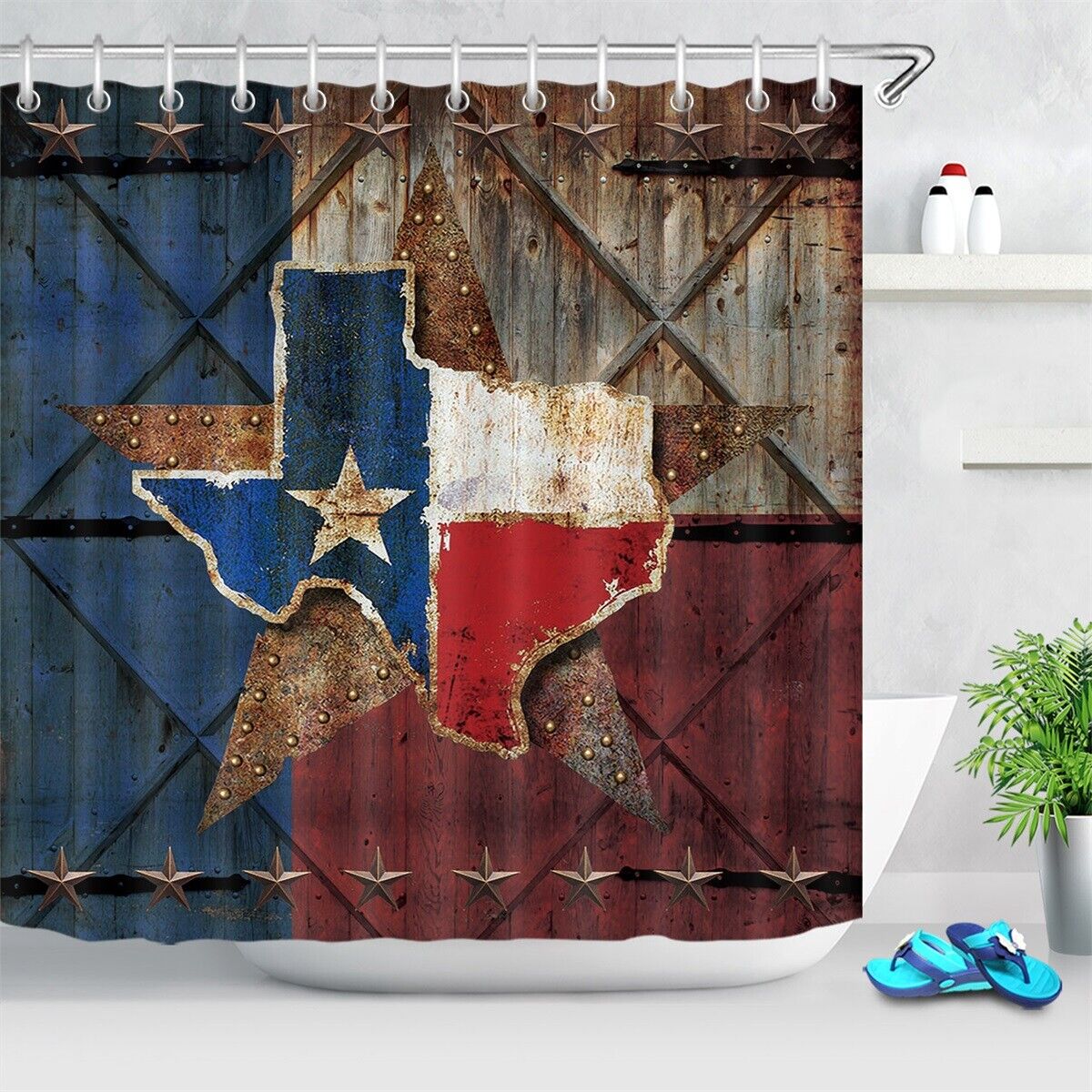 Texas Flag Star Wood Barn Door Print Shower Curtain For Rustic Bathroom Decor - Image 2