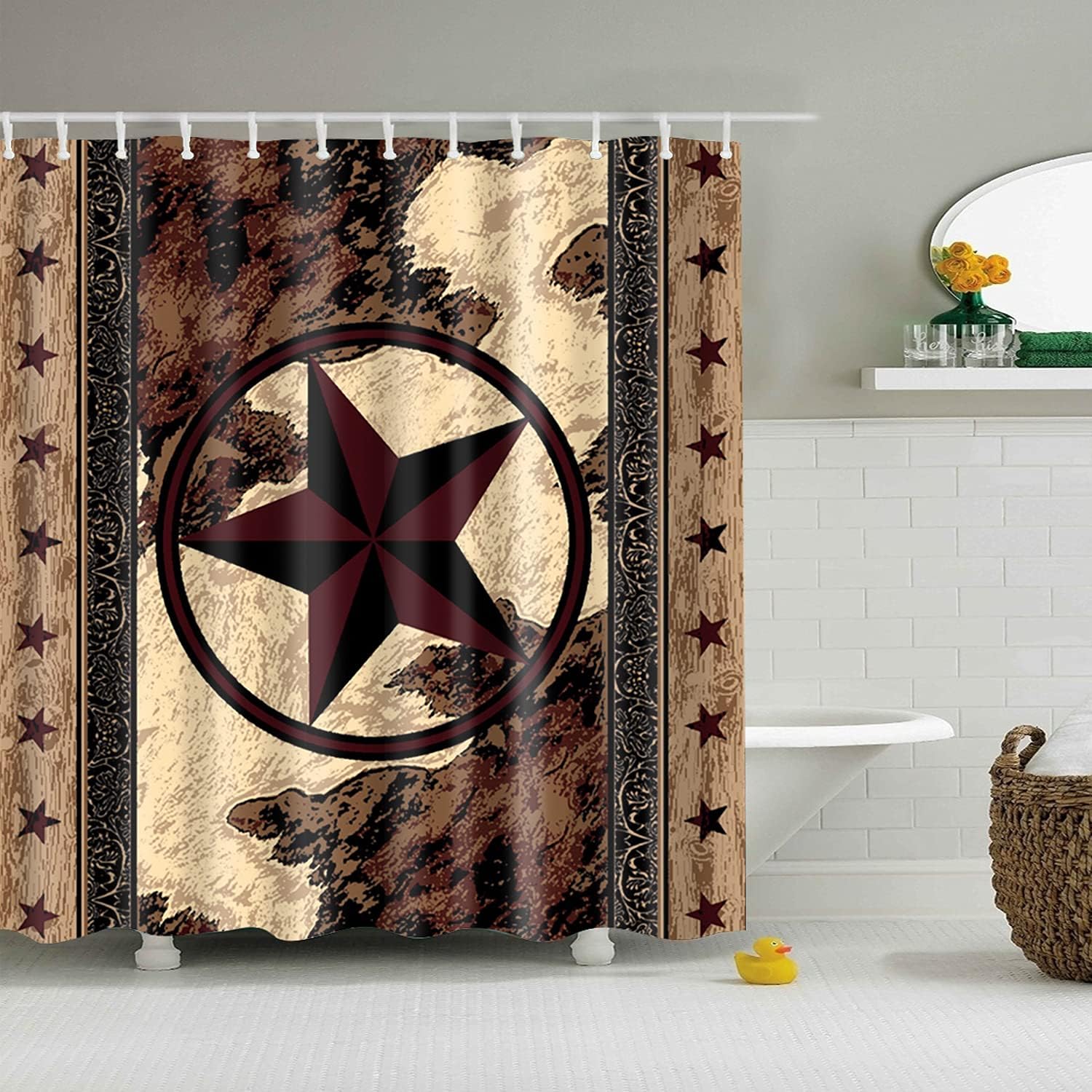 Texas Star Art Prints Shower Curtain - Vintage and Rustic Bathroom Decor with Wooden Board and Texas Star Prints
