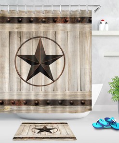 Texas Star Barn Shower Curtain - Vintage and Rustic Bathroom Decor with Wooden Barn Door and Texas Star Prints