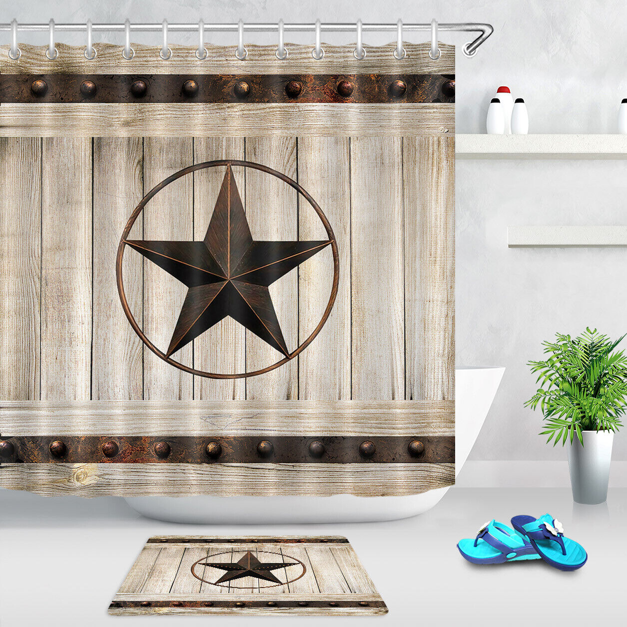 Texas Star Barn Shower Curtain - Vintage and Rustic Bathroom Decor with Wooden Barn Door and Texas Star Prints