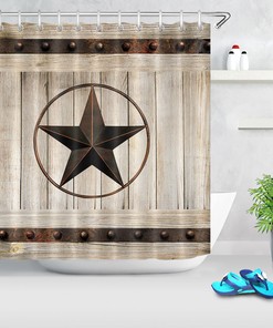 Texas Star Barn Shower Curtain - Vintage and Rustic Bathroom Decor with Wooden Barn Door and Texas Star Prints