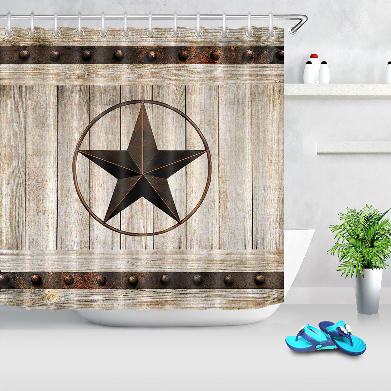 Texas Star Barn Shower Curtain - Vintage and Rustic Bathroom Decor with Wooden Barn Door and Texas Star Prints