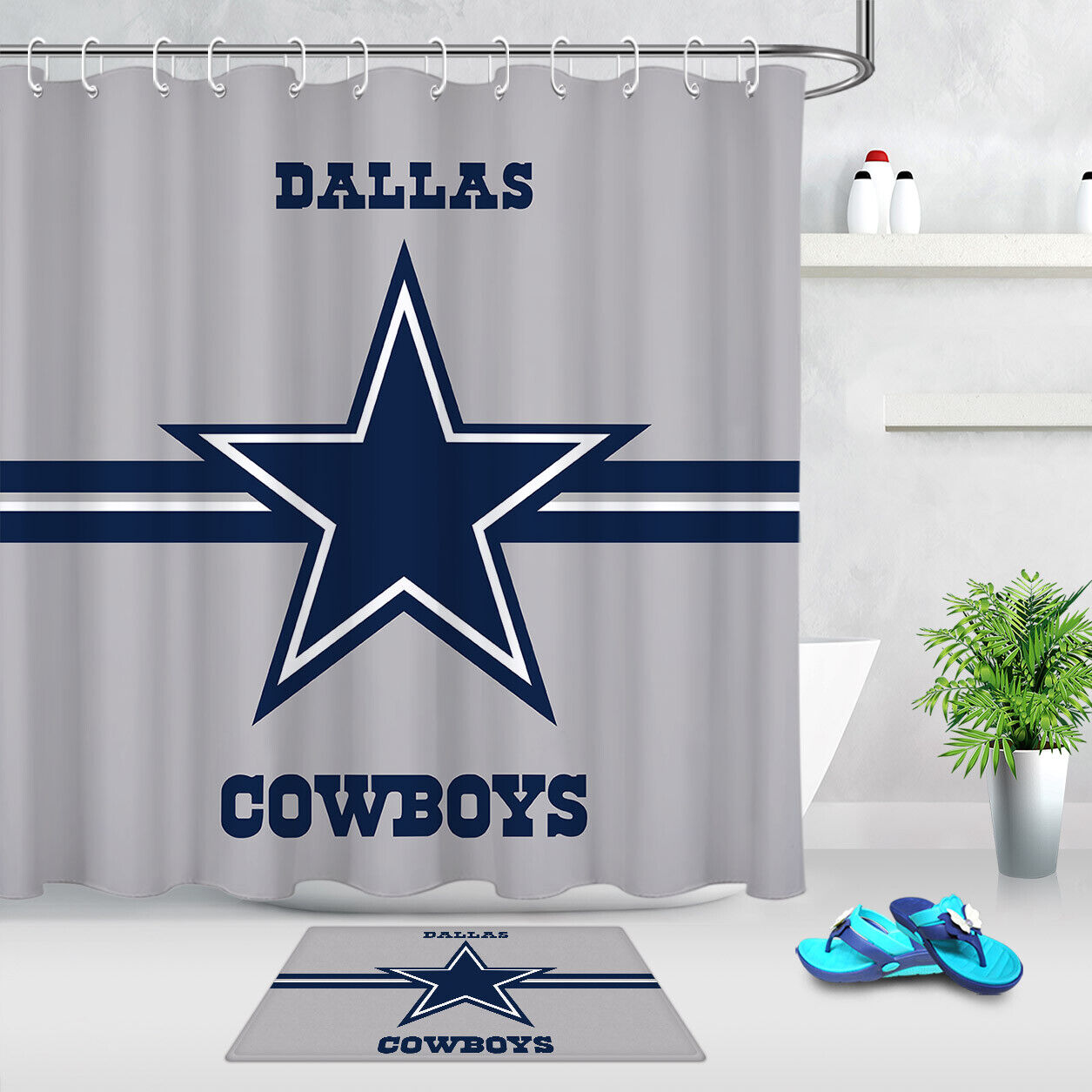 Texas Star Shower Curtain with Deep Blue and White Design for Bathroom Decor