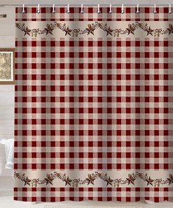 Texas Star Western Shower Curtain - Red Primitive Star Buffalo Plaid Rustic Bathroom Decor