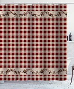 Texas Star Western Shower Curtain - Red Primitive Star Buffalo Plaid Rustic Bathroom Decor