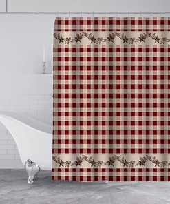 Texas Star Western Shower Curtain - Red Primitive Star Buffalo Plaid Rustic Bathroom Decor