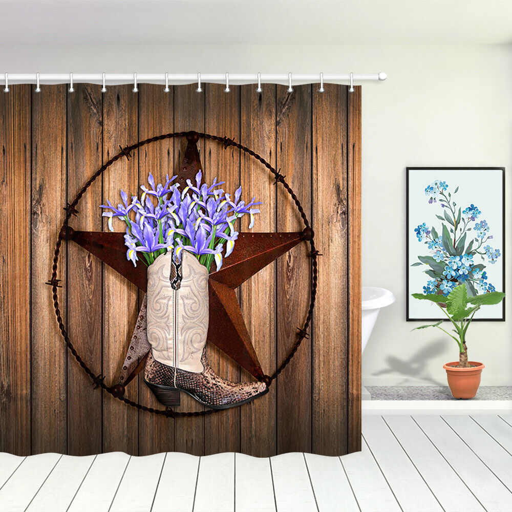 Texas Stars and Cowboy Boots Shower Curtain Bathroom Decor Fabric for Rustic Bathroom