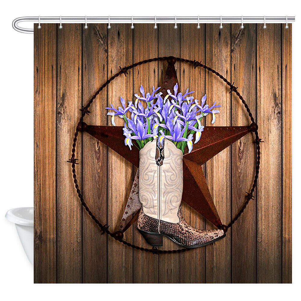 Texas Stars and Cowboy Boots Shower Curtain Bathroom Decor Fabric for Rustic Bathroom