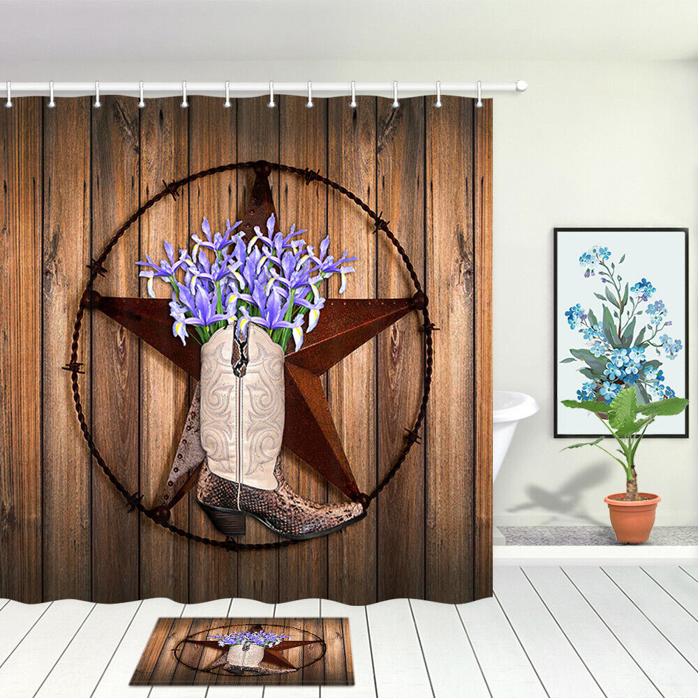 Texas Stars and Cowboy Boots Shower Curtain Decor Fabric for Western Bathroom