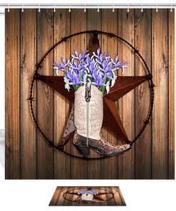 Texas Stars and Cowboy Boots Shower Curtain Decor Fabric for Western Bathroom