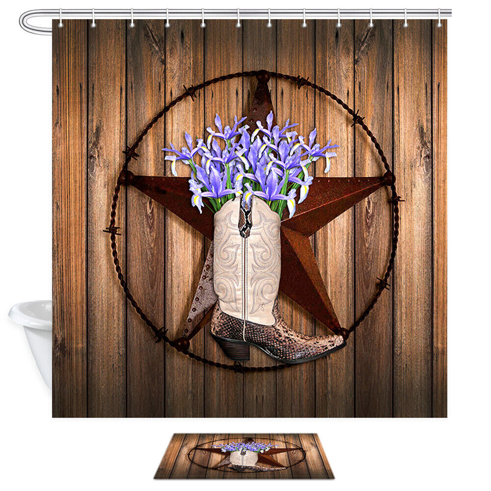 Texas Stars and Cowboy Boots Shower Curtain Decor Fabric for Western Bathroom