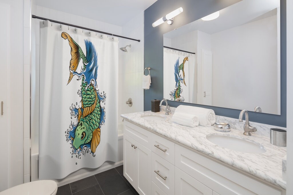 Thai Green Carp Retro Shower Curtain for Unique Bathroom Decor Gift