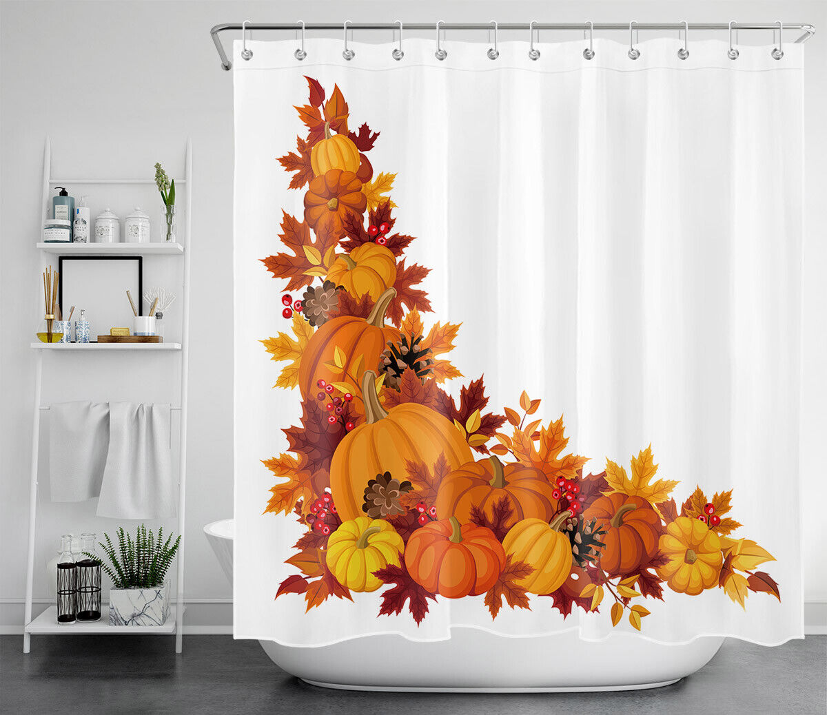 Thanksgiving Autumn Harvest Pumpkin Maple Leaf Shower Curtain for Rustic Bathroom Decor