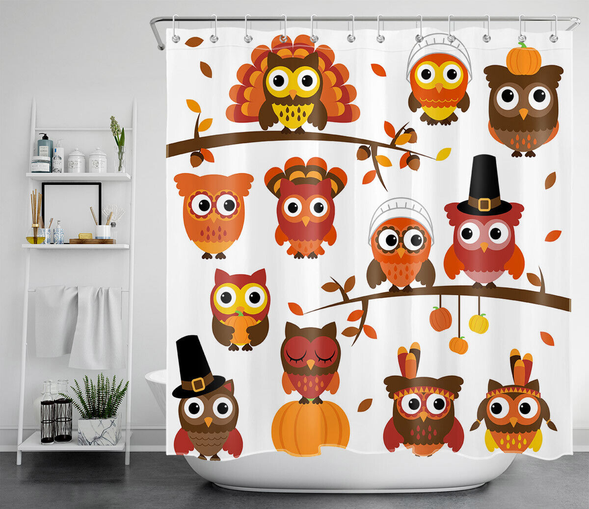 Thanksgiving Autumn Owl Print Shower Curtain for Colorful Bathroom Decor