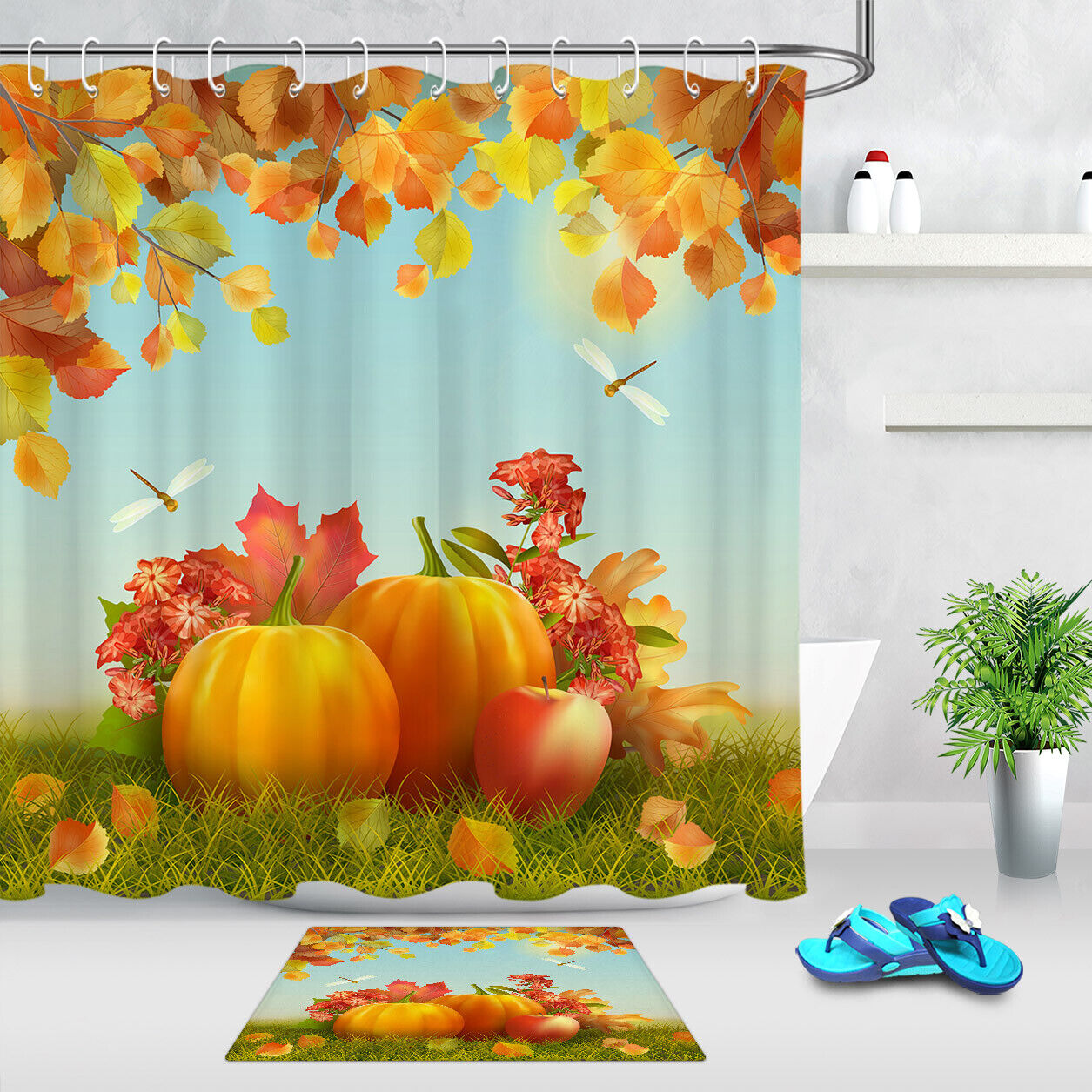 Thanksgiving Fall Harvest Pumpkin Leaf Shower Curtain for Bathroom