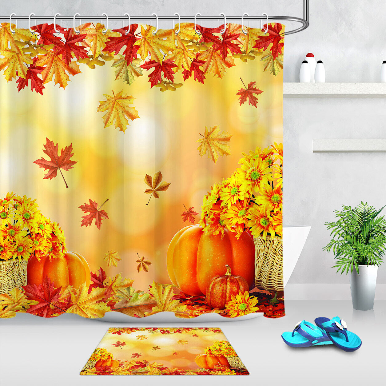 Thanksgiving Fall Pumpkin Sunflower Waterproof Fabric Shower Curtain