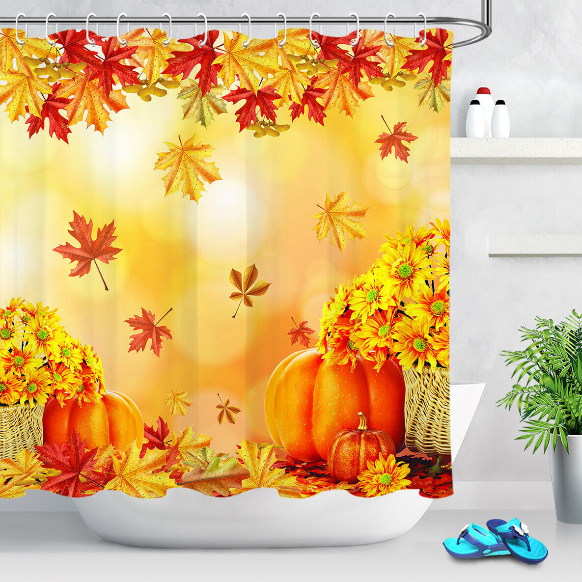 Thanksgiving Fall Pumpkin Sunflower Waterproof Fabric Shower Curtain