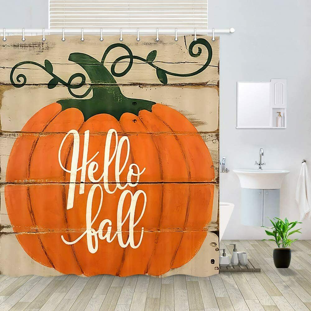 Thanksgiving Orange Pumpkin on Rustic Wooden Shower Curtain for Bathroom Decor