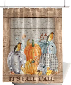 Thanksgiving Pumpkin Bird Maple Leaf Retro Wood Board Fabric Shower Curtain