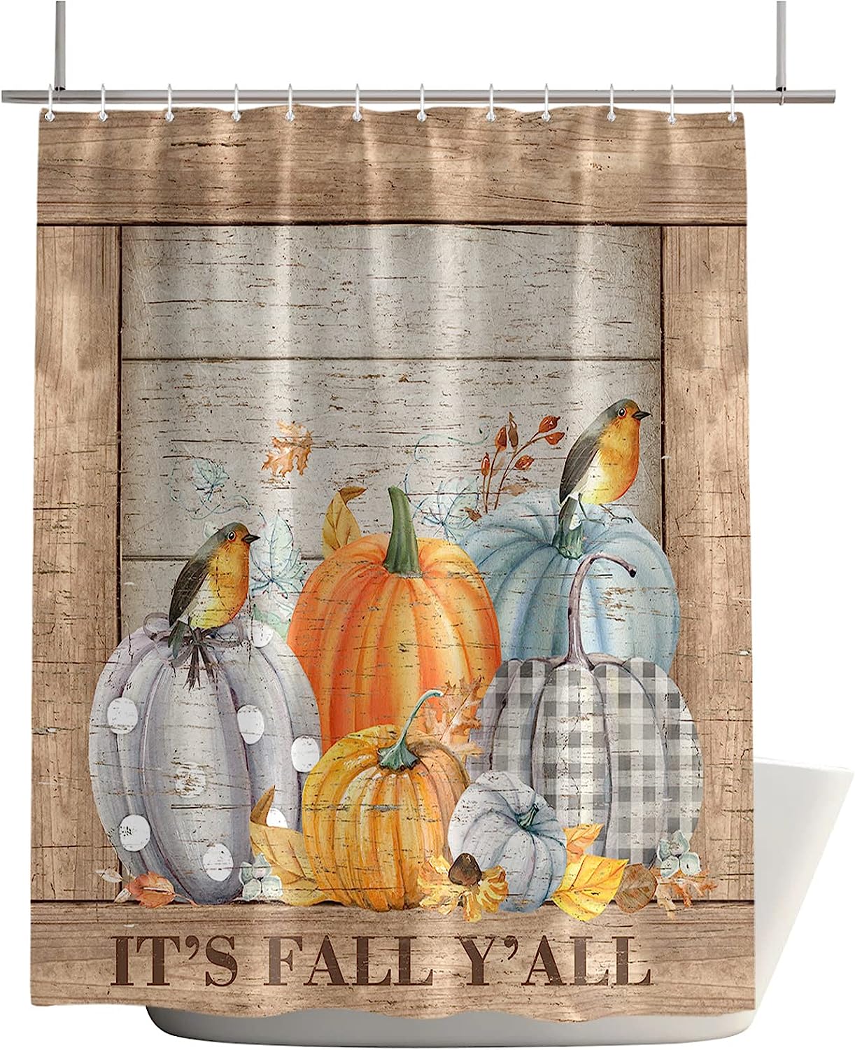 Thanksgiving Pumpkin Bird Maple Leaf Retro Wood Board Fabric Shower Curtain
