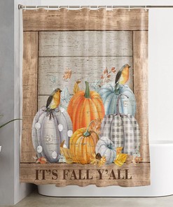 Thanksgiving Pumpkin Bird Maple Leaf Retro Wood Board Fabric Shower Curtain