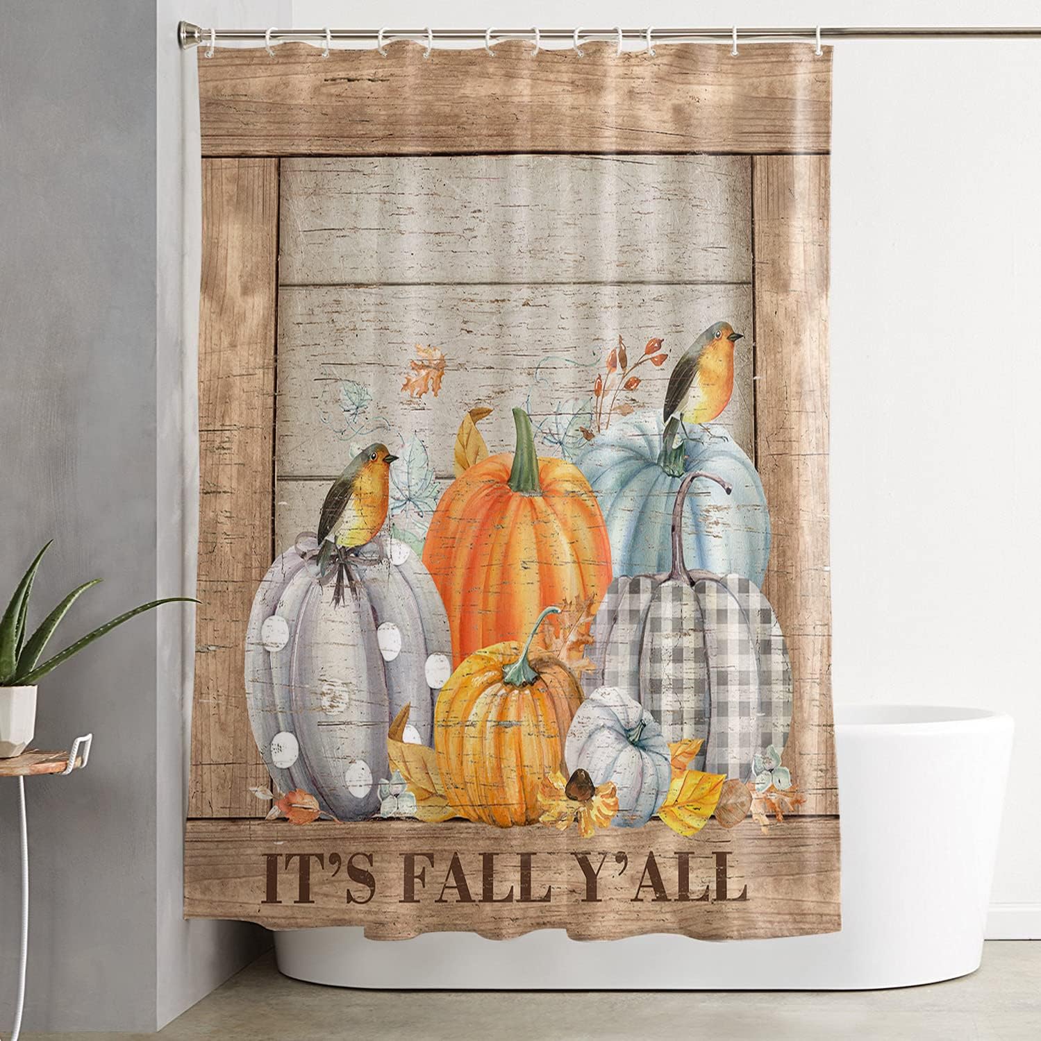 Thanksgiving Pumpkin Bird Maple Leaf Retro Wood Board Fabric Shower Curtain