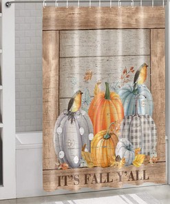 Thanksgiving Pumpkin Bird Maple Leaf Retro Wood Board Fabric Shower Curtain