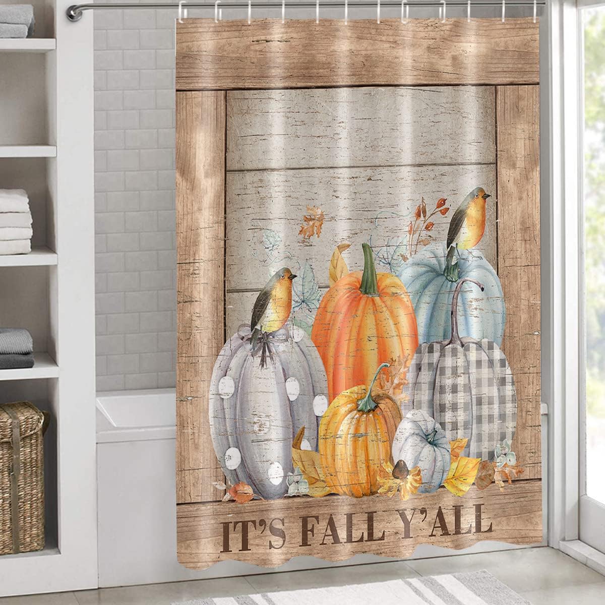 Thanksgiving Pumpkin Bird Maple Leaf Retro Wood Board Fabric Shower Curtain
