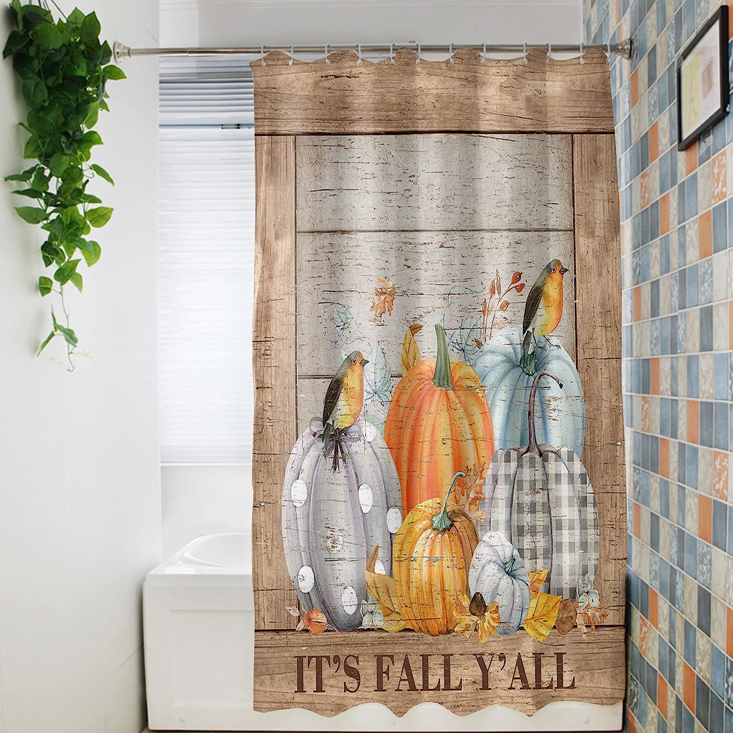 Thanksgiving Pumpkin Bird Maple Leaf Retro Wood Board Fabric Shower Curtain