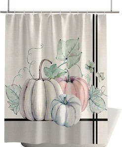 Thanksgiving Pumpkin Maple Leaf Botanical Black Stripe Fabric Shower Curtain