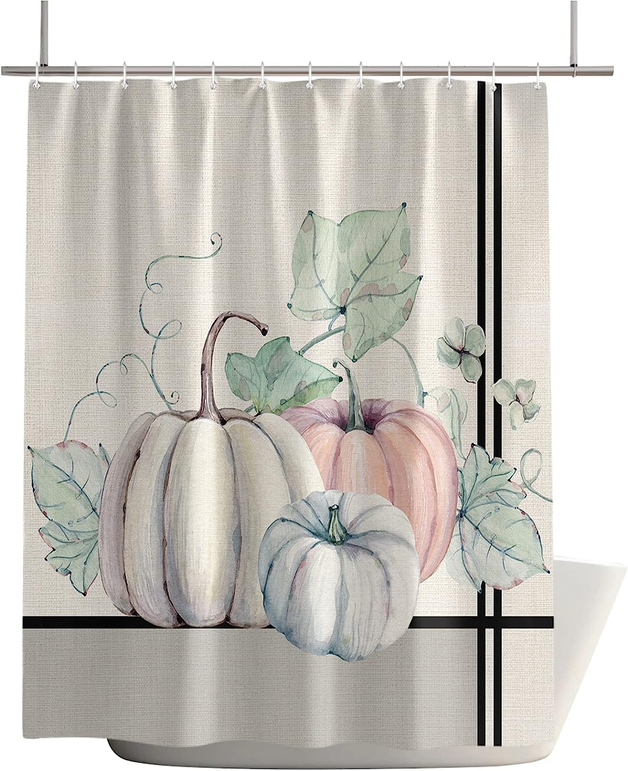 Thanksgiving Pumpkin Maple Leaf Botanical Black Stripe Fabric Shower Curtain