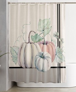 Thanksgiving Pumpkin Maple Leaf Botanical Black Stripe Fabric Shower Curtain