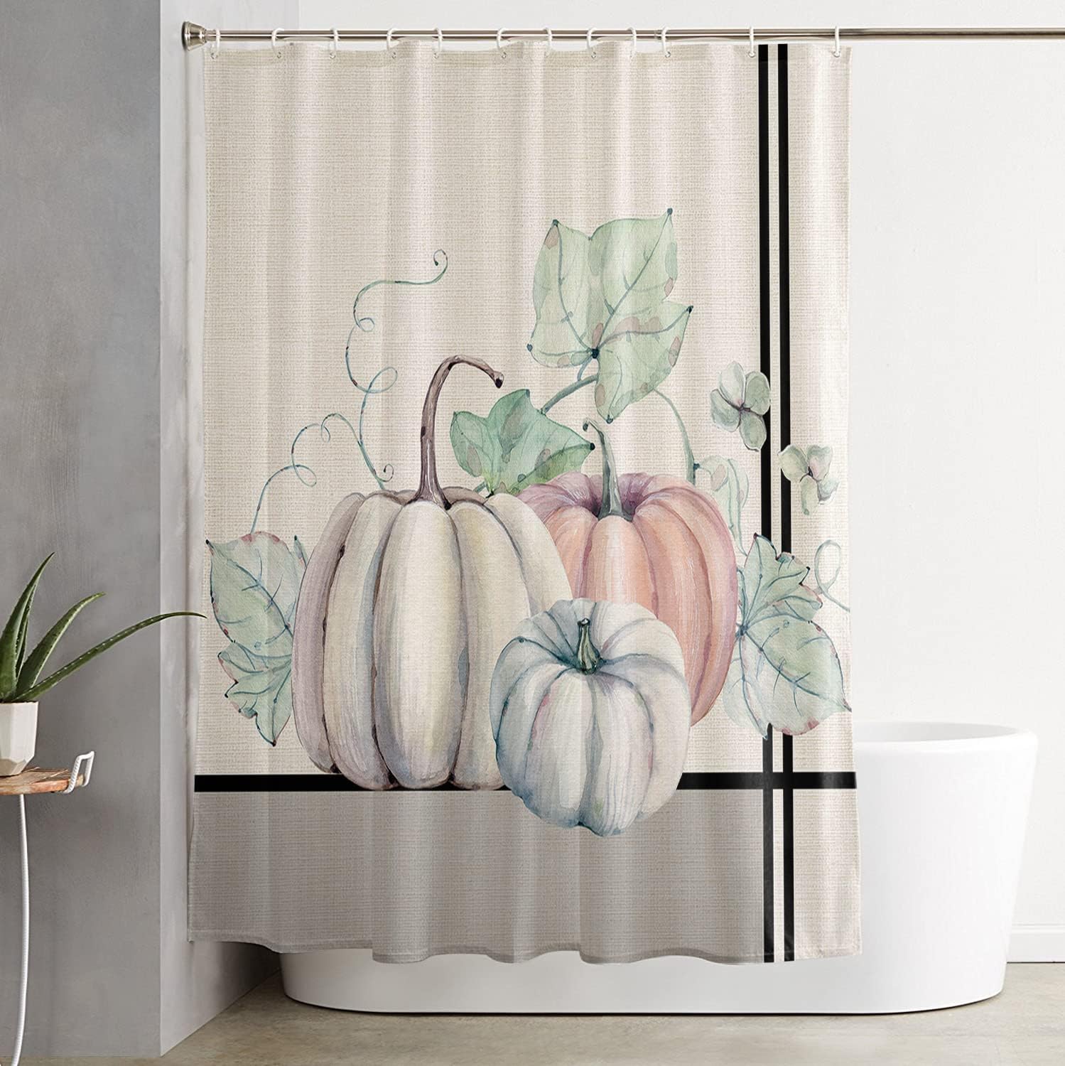 Thanksgiving Pumpkin Maple Leaf Botanical Black Stripe Fabric Shower Curtain