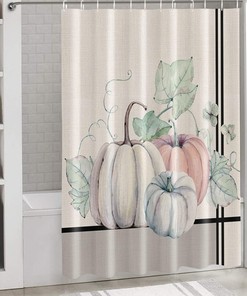 Thanksgiving Pumpkin Maple Leaf Botanical Black Stripe Fabric Shower Curtain