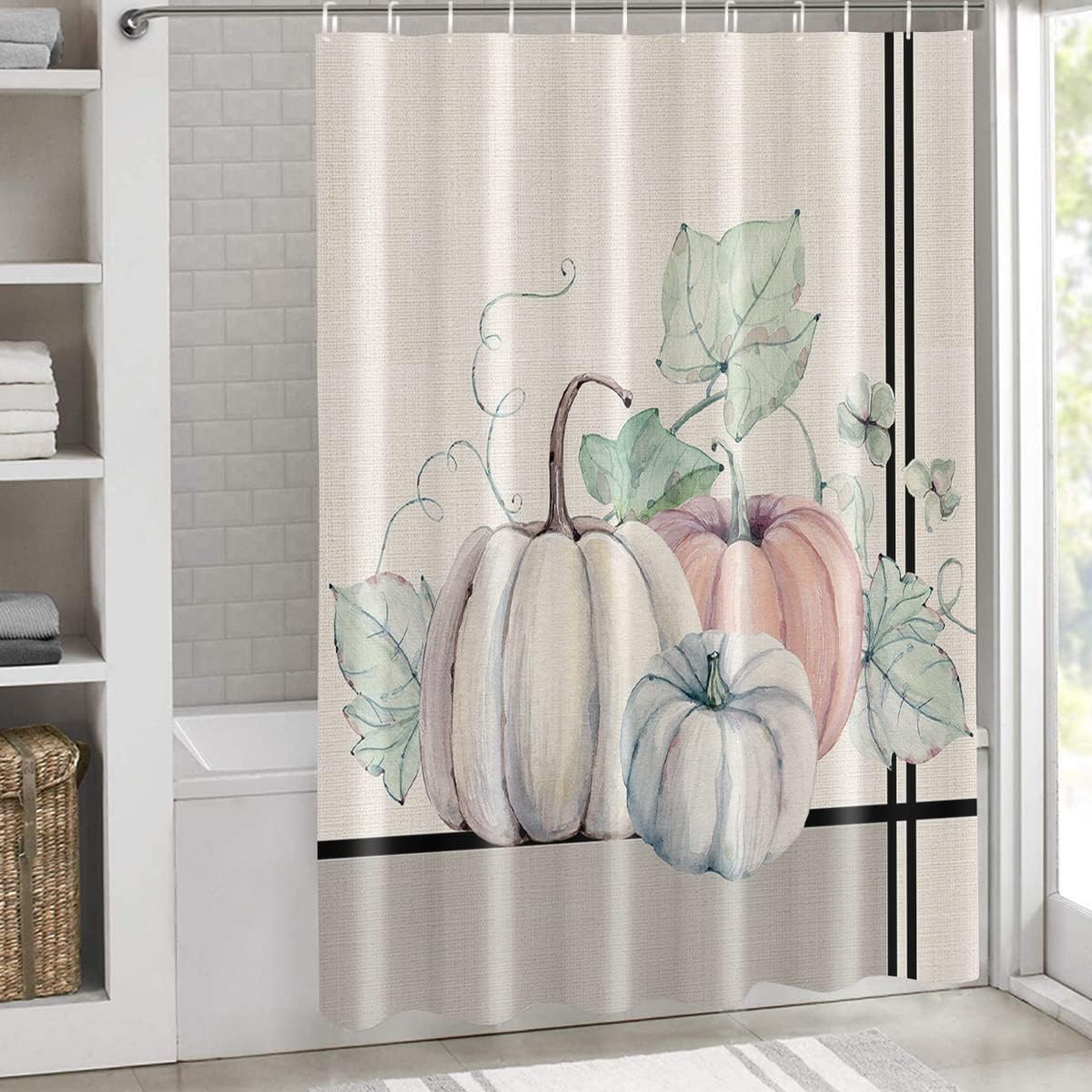 Thanksgiving Pumpkin Maple Leaf Botanical Black Stripe Fabric Shower Curtain