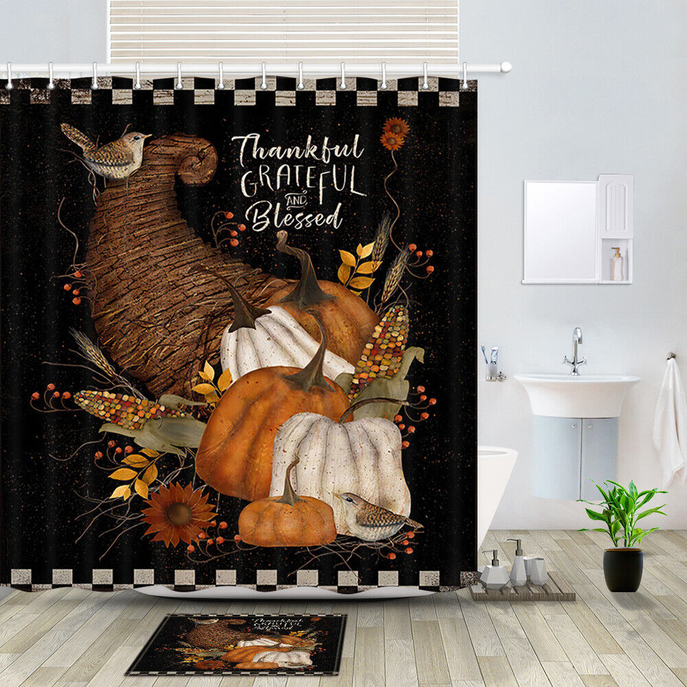 Thanksgiving Pumpkins & Birds Shower Curtain for Rustic Bathroom Decor