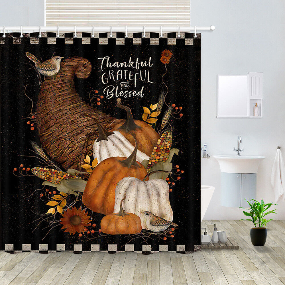 Thanksgiving Pumpkins & Birds Shower Curtain for Rustic Bathroom Decor