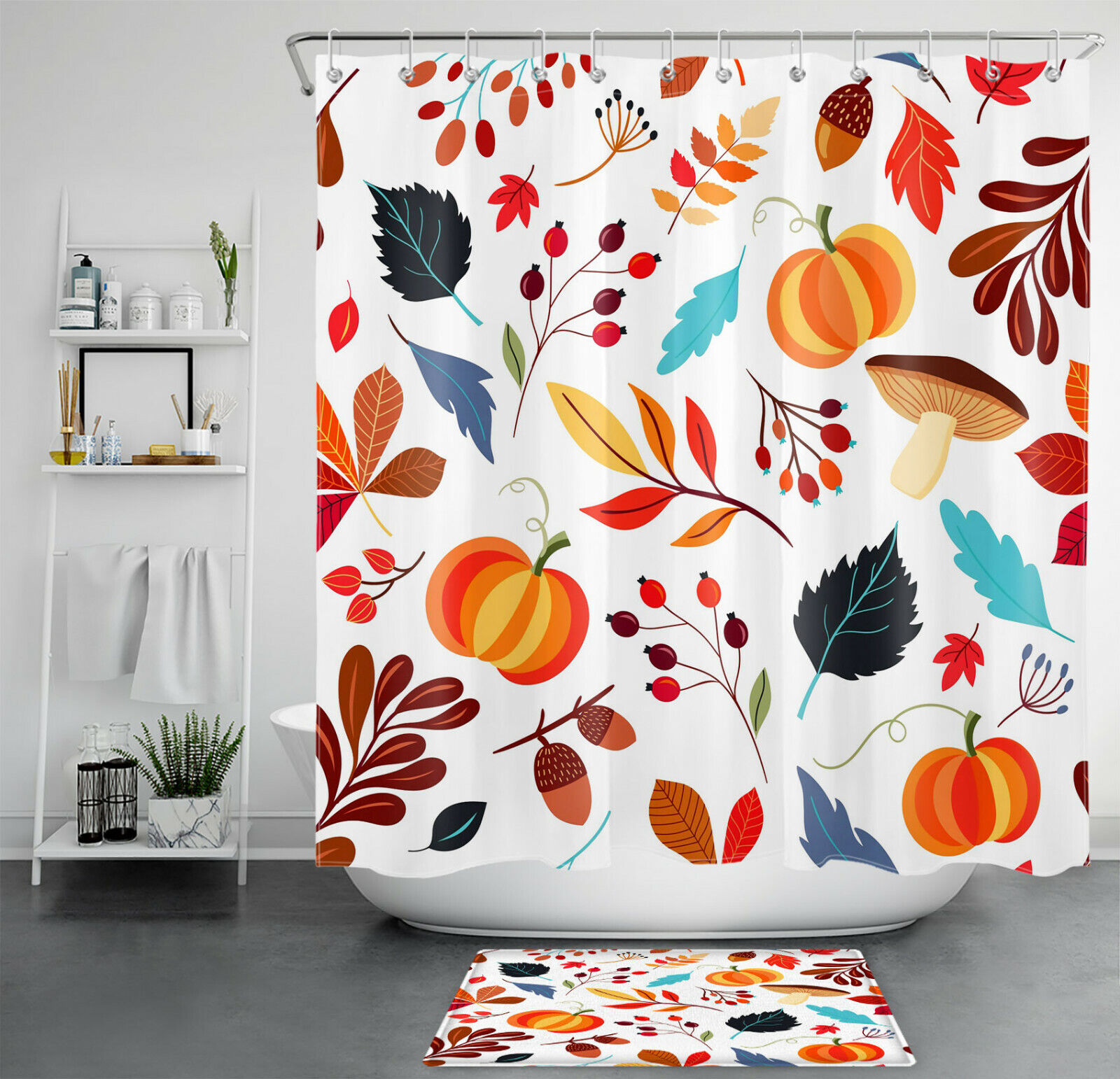 Thanksgiving Shower Curtain - Autumn Pumpkin Leaf Mushroom Decoration